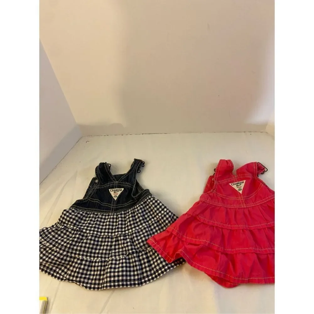 2 Oshkosh girl 6m Ruffle overall dress lot pink navy white‎